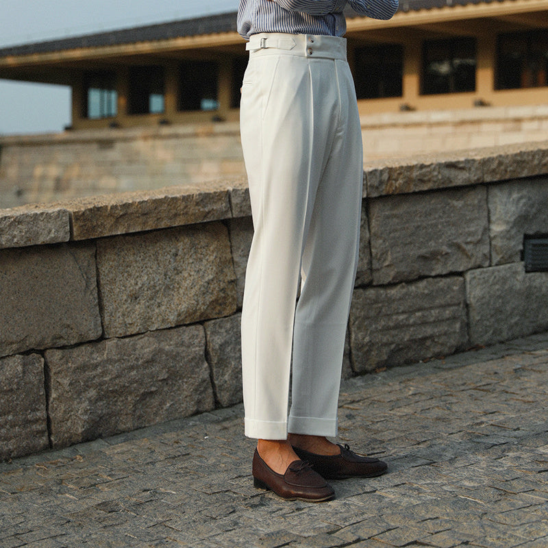 White Casual Straight High Waist Retro Business Italian Style Paris Buttoned Trousers - STS Wears