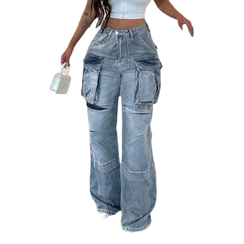 Women's Large Pocket Stitching Tooling High Waist Straight Jeans - STS Wears