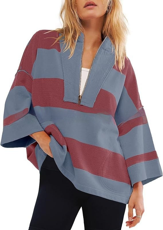 Women's Oversized Striped Shirt Half Zip Sweatshirt Color Matching - STS Wears