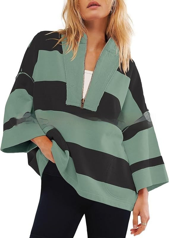 Women's Oversized Striped Shirt Half Zip Sweatshirt Color Matching - STS Wears