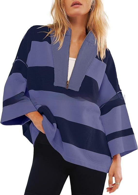 Women's Oversized Striped Shirt Half Zip Sweatshirt Color Matching - STS Wears