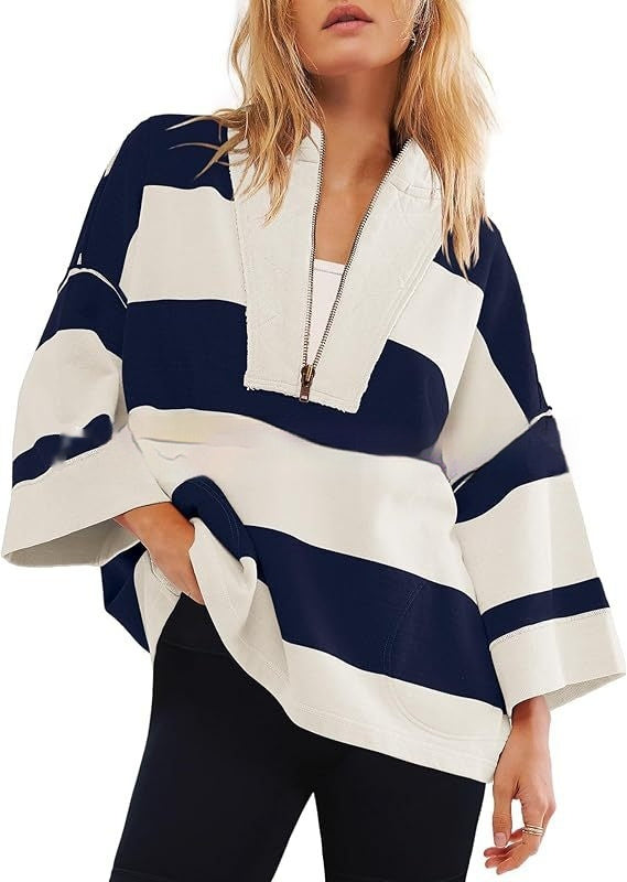 Women's Oversized Striped Shirt Half Zip Sweatshirt Color Matching - STS Wears