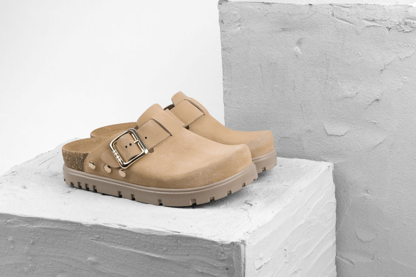 Andora II by LEON- Women’s Leather Platform Clog- Adjustable Buckle & Cork-Style Slide