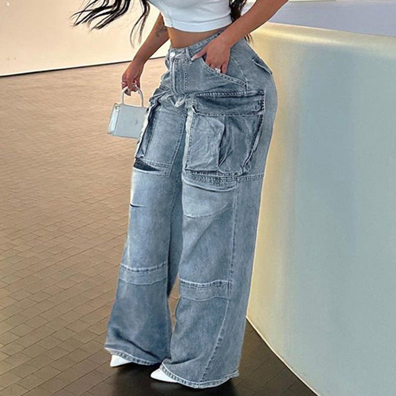 Women's Large Pocket Stitching Tooling High Waist Straight Jeans - STS Wears