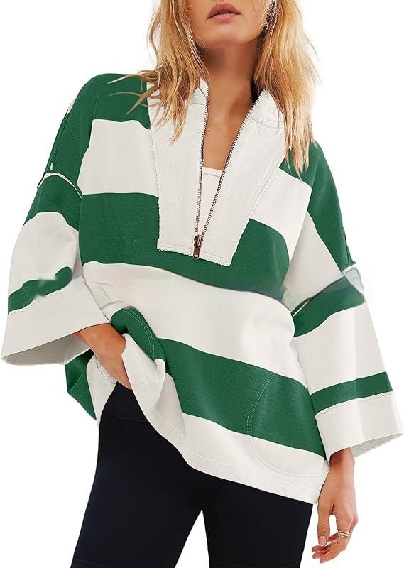 Women's Oversized Striped Shirt Half Zip Sweatshirt Color Matching - STS Wears