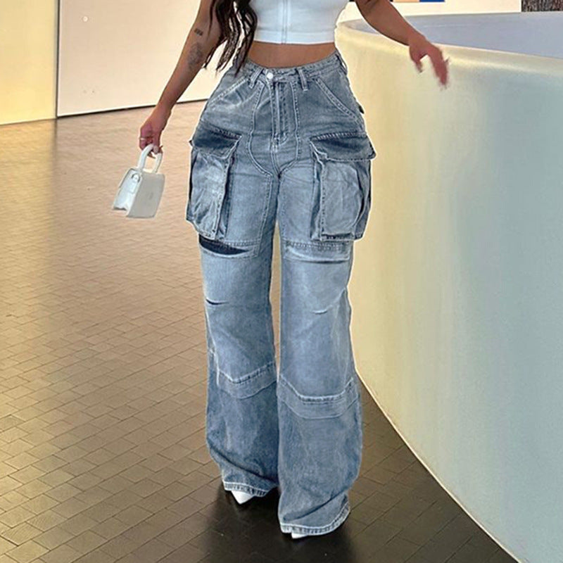 Women's Large Pocket Stitching Tooling High Waist Straight Jeans - STS Wears