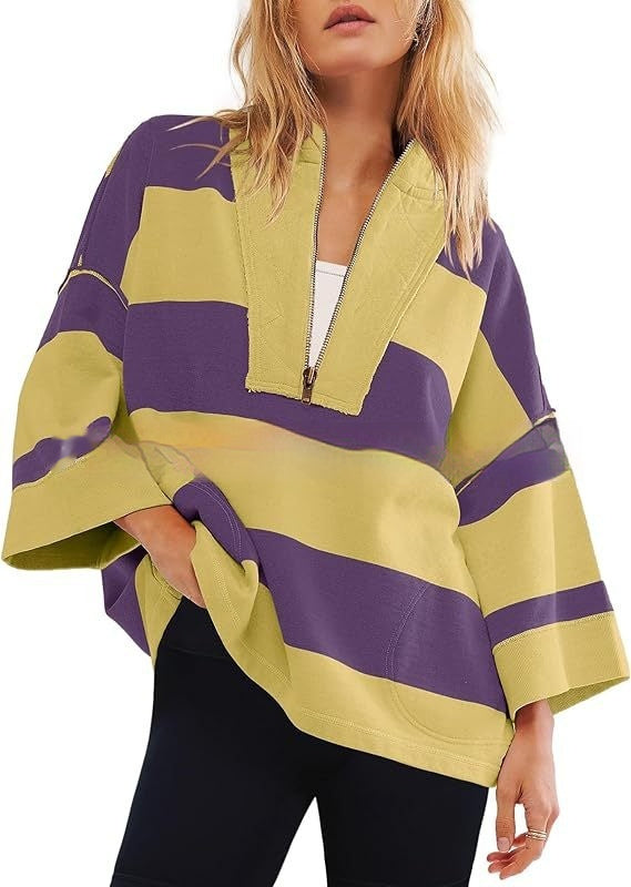 Women's Oversized Striped Shirt Half Zip Sweatshirt Color Matching - STS Wears