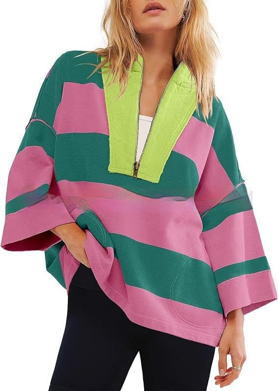 Women's Oversized Striped Shirt Half Zip Sweatshirt Color Matching - STS Wears