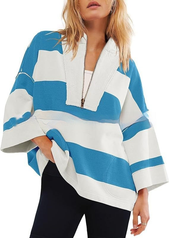 Women's Oversized Striped Shirt Half Zip Sweatshirt Color Matching - STS Wears