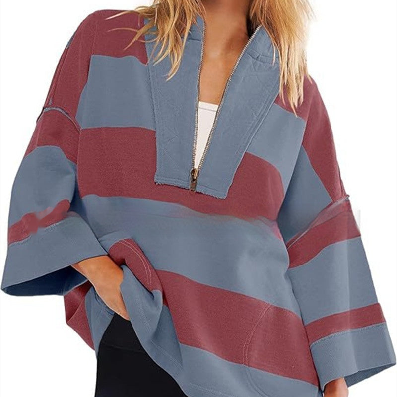 Women's Oversized Striped Shirt Half Zip Sweatshirt Color Matching - STS Wears