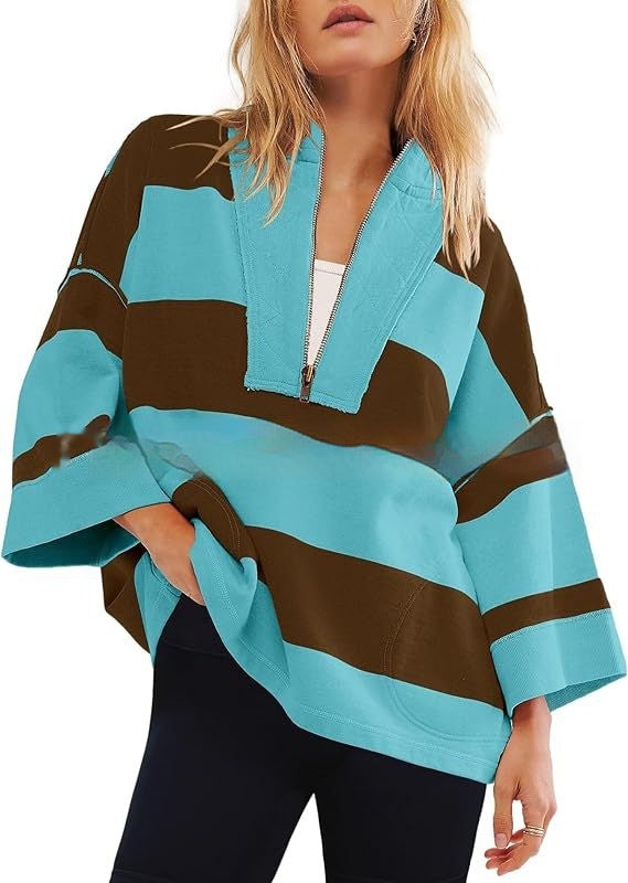 Women's Oversized Striped Shirt Half Zip Sweatshirt Color Matching - STS Wears