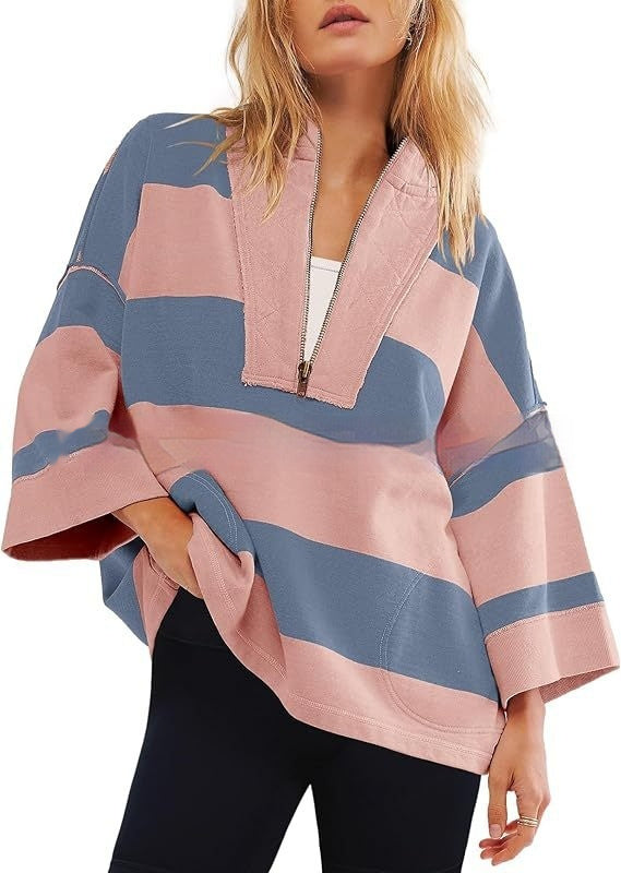 Women's Oversized Striped Shirt Half Zip Sweatshirt Color Matching - STS Wears