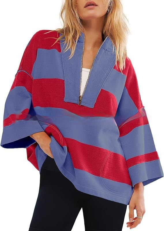 Women's Oversized Striped Shirt Half Zip Sweatshirt Color Matching - STS Wears