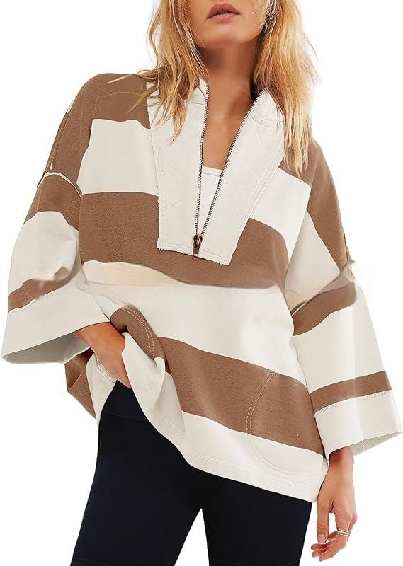 Women's Oversized Striped Shirt Half Zip Sweatshirt Color Matching - STS Wears