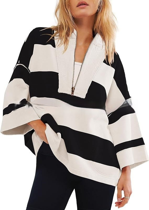 Women's Oversized Striped Shirt Half Zip Sweatshirt Color Matching - STS Wears